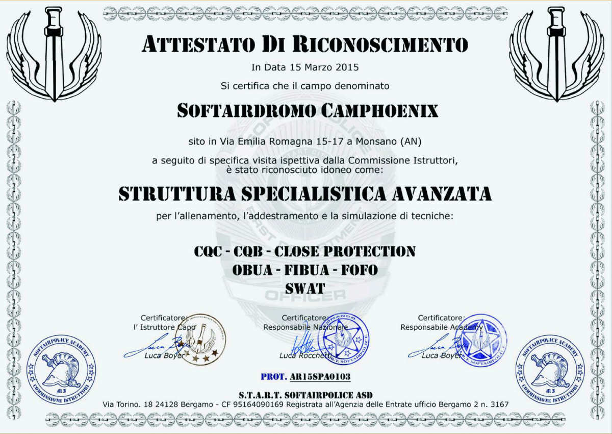 Attestato di struttura specialistica avanzata per soft Air