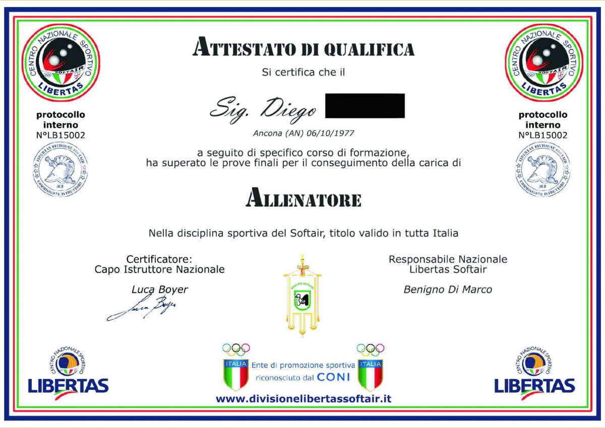 Attestato di qualifica allenatore soft Air